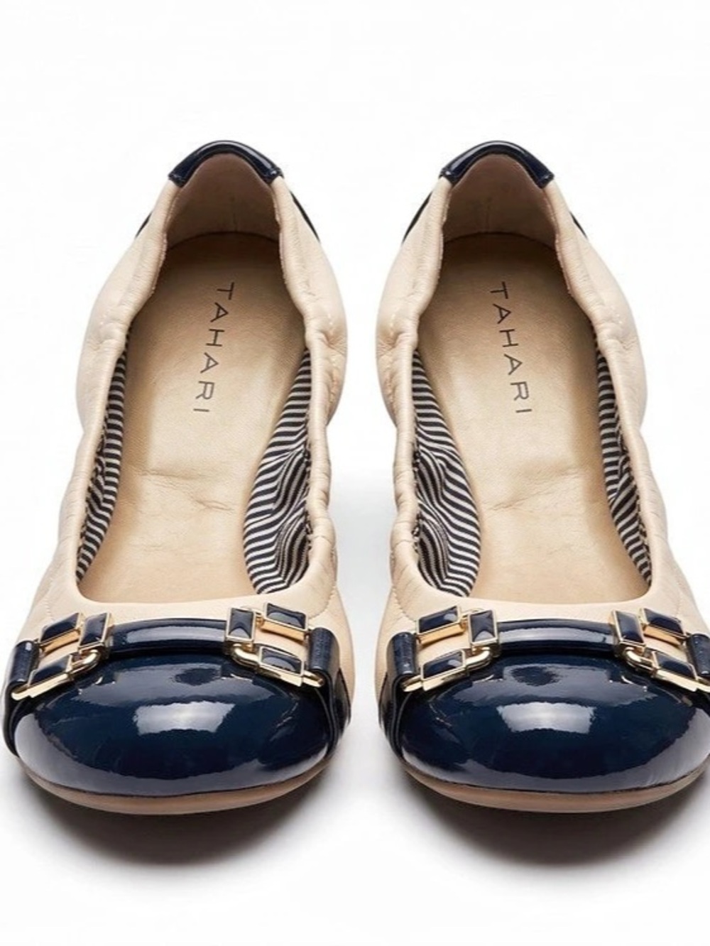 Tahari Patent Buckle Ballet Flats Blue & White Buckle Packable Size 7 M